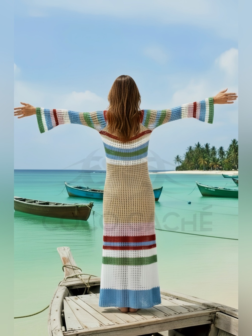 Casual Bohemian Crochet Long Sleeves Color Block Swimsuit Coverup Midi Dress - Picture 7 of 12